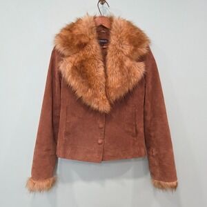 Vintage Venus Women's Faux Fur Suede Leather Jacket Brown Size S Snap Button